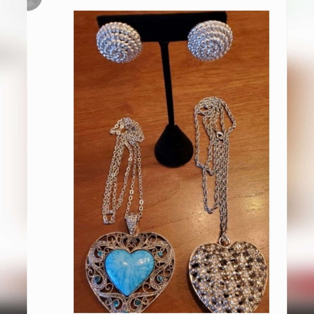 2 28" Silver Tone Heart Necklaces & 1 Pair Silver Tone Monet Earrings